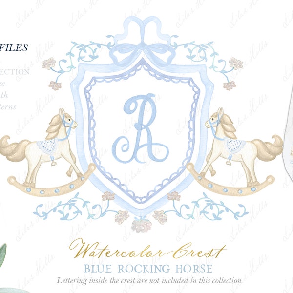 Blue Rocking Horse Newborn Boy Family  Watercolor Crest DIY Dusty Blue Bow Digital papers Watercolor Clipart