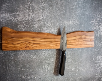 Magnetic knife bar. Live edge olive wood magnetic rack. Wooden knives display. Magnet knifes holder. Wall or fridge mounted knives storage.