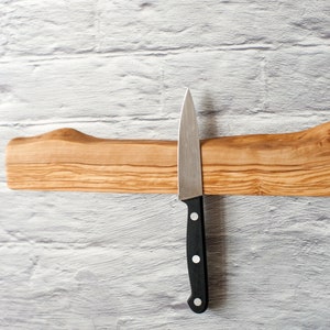 Magnetic knife bar. Live edge olive wood magnetic rack. Wooden knives display. Magnet knifes holder. Wall or fridge mounted knives storage. image 8