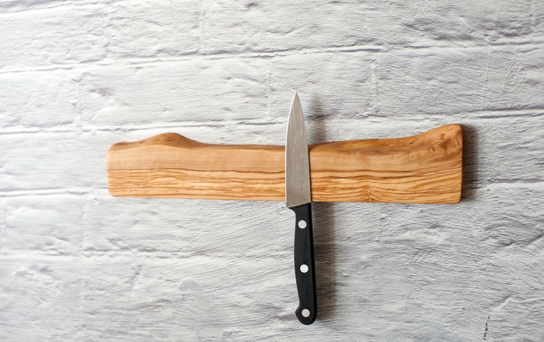 Magnetic knife bar. Live edge olive wood magnetic rack. Wooden knives display. Magnet knifes holder. Wall or fridge mounted knives storage. image 8