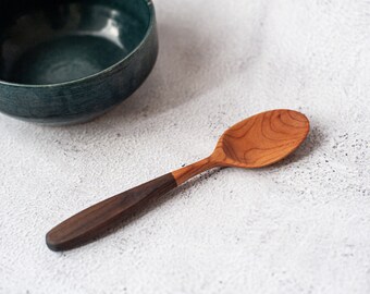 Wooden eating spoon. Wild cherry wood serving spoon hand carved. Cooking utensil, wooden kitchenware, cutlery. Unique natural gift