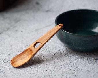 Compact Olive Wood Pocket Spoon hand carved. Van life utensil. Wooden small eating spoon. Unique wooden gift Ramen soup spoon. Camping spoon