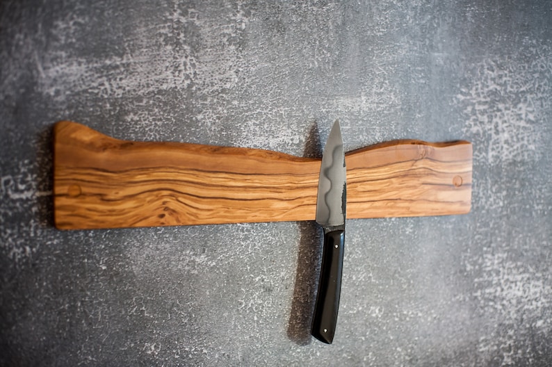 Magnetic knife bar. Live edge olive wood magnetic rack. Wooden knives display. Magnet knifes holder. Wall or fridge mounted knives storage. image 1