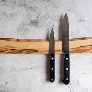 Magnetic knife bar. Live edge olive wood magnetic rack. Wooden knives display. Magnet knifes holder. Wall or fridge mounted knives storage. image 5
