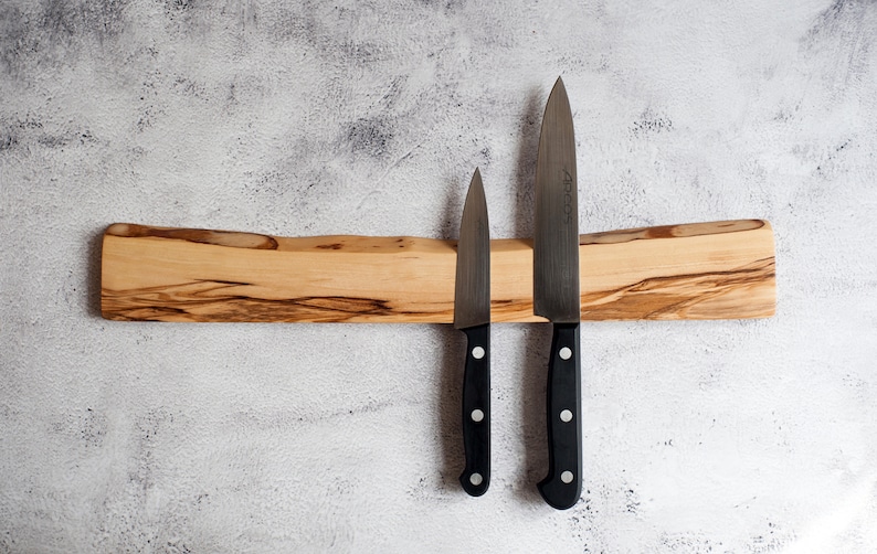 Magnetic knife bar. Live edge olive wood magnetic rack. Wooden knives display. Magnet knifes holder. Wall or fridge mounted knives storage. image 5