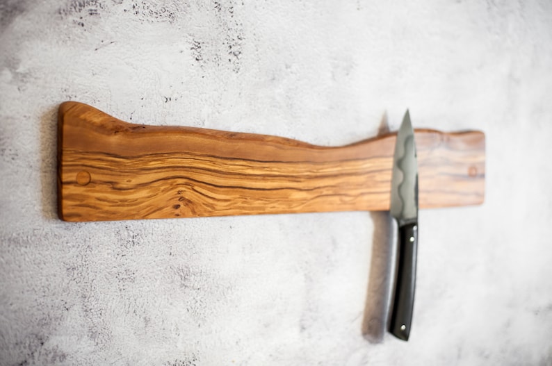 Magnetic knife bar. Live edge olive wood magnetic rack. Wooden knives display. Magnet knifes holder. Wall or fridge mounted knives storage. image 2