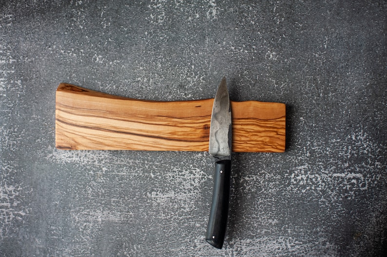 Magnetic knife bar. Live edge olive wood magnetic rack. Wooden knives display. Magnet knifes holder. Wall or fridge mounted knives storage. image 3