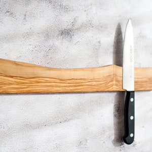 Magnetic knife bar. Live edge olive wood magnetic rack. Wooden knives display. Magnet knifes holder. Wall or fridge mounted knives storage. image 6