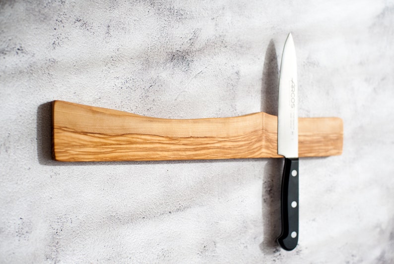 Magnetic knife bar. Live edge olive wood magnetic rack. Wooden knives display. Magnet knifes holder. Wall or fridge mounted knives storage. image 6