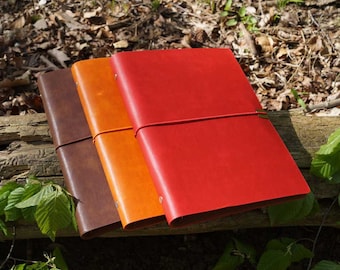May include: Three leather-bound journals in brown, orange, and red, stacked on a wooden surface. The journals are closed and have a simple design.