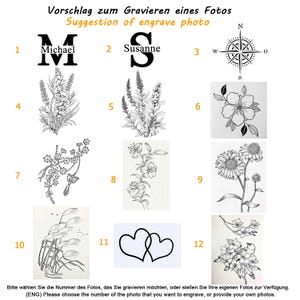 May include: A black and white image showing 12 different design options for engraving a photo. The options include a compass, flowers, hearts, and a bird. The text "Vorschlag zum Gravieren eines Fotos" and "Suggestion of engrave photo" is at the top of the image.