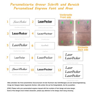 May include: A chart showing 12 different font styles for engraving. The chart is labeled "Personalized Engrave Font and Area." The fonts are numbered 1 through 12. The chart also shows a diagram of a leather notebook with areas labeled A through H for engraving.