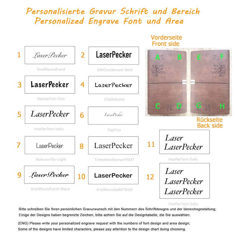 May include: A chart showing 12 different font styles for engraving. The chart is labeled "Personalized Engrave Font and Area." The fonts are numbered 1 through 12. The chart also shows a diagram of a leather notebook with areas labeled A through H for engraving.
