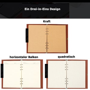 May include: Three different notebook styles: Kraft paper, horizontal lines, and grid. Each notebook has a brown leather cover and a metal ring binder.