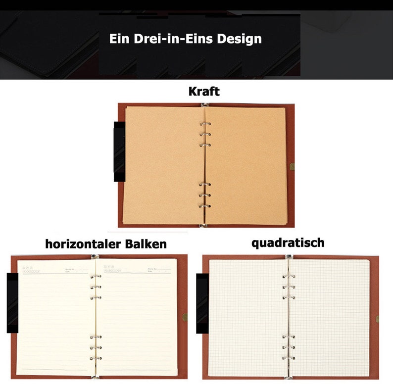 May include: Three different notebook styles: Kraft paper, horizontal lines, and grid. Each notebook has a brown leather cover and a metal ring binder.