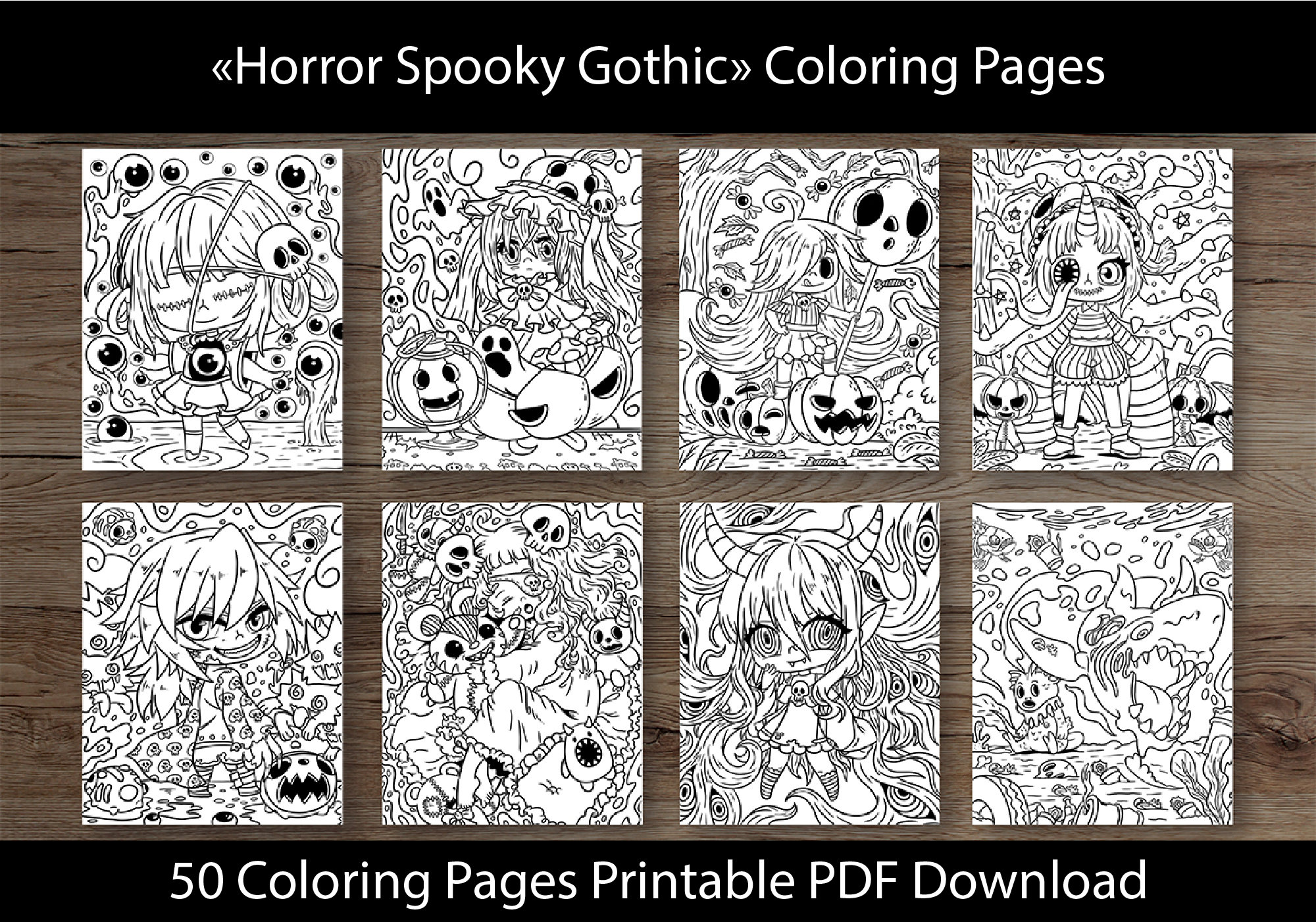 Horror Spooky Gothic Coloring Pages for Adults and Kids | 50 Digital ...