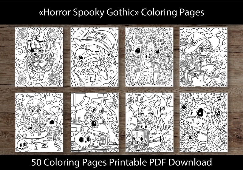 Horror Spooky Gothic Coloring Pages for Adults and Kids | 50 Digital ...