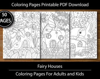 Fairy Houses Coloring Pages for Adults and Kids | 50 Digital Coloring Pages (Printable, PDF Download) | Digital Workbook