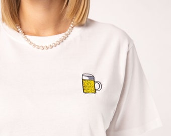 Taza de cerveza | Camiseta extragrande de algodón orgánico bordada para mujer