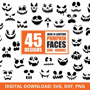 Pode incluir: Um conjunto de 45 desenhos de rosto de abóbora em preto e branco para o Halloween. O texto "Jack-O-Lantern Pumpkin Faces" e "45 Designs SVG - Bundle" está incluído na imagem. O texto "Download digital: SVG, DXF, PNG" está na parte inferior da imagem.