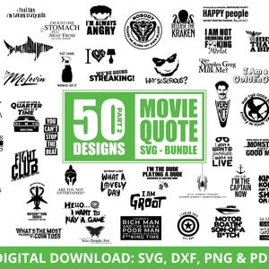 Può includere: Un pacchetto di design grafico verde e nero con 50 citazioni di film. Le citazioni sono visualizzate in una griglia con uno sfondo bianco. Il pacchetto include file SVG.