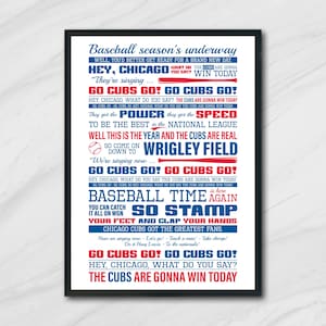 May include: A blue and red baseball themed printable poster with the text "Baseball season's underway" and "Go Cubs Go!"  The poster features a baseball bat and the words "Wrigley Field".