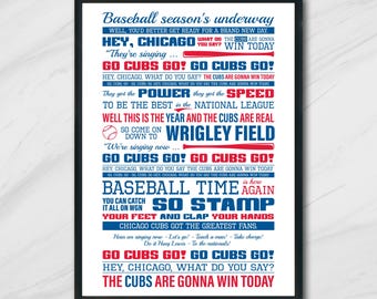 May include: A blue and red baseball themed printable poster with the text "Baseball season's underway" and "Go Cubs Go!"  The poster features a baseball bat and the words "Wrigley Field".
