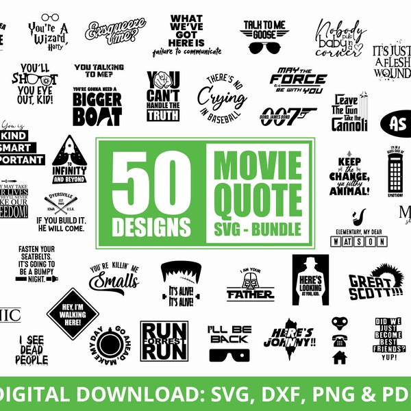 50 SVG Bundle de lignes de films inoubliables pour le design, Bundle de slogans, citations de films célèbres et dictons populaires, Rêve des amateurs de cinéma