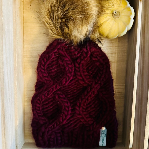 Adult knit Limitless beanie/burgundy/ wak the wool/large faux fur brown Pom/superbulky hat/winter hat/winter beanie/women’s gifts/winter hat