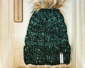 Adult knit winter sugar twist lite beanie/malabrigo noventa Fiona/large faux fur Pom/green beanie/winter beanie/womens gift/green hat