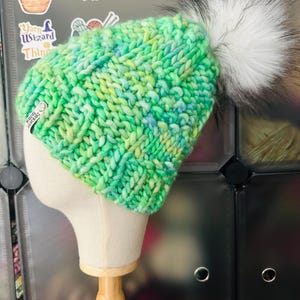 Hand Knit Merino Wool Beanie: Neon Green Winter Hat with Faux Fur Pom