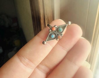 Vintage Navajo Sterling Silver Ring. Vibrant Turquoise And Red Coral Stones Size 5