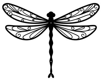 May include: A black silhouette of a dragonfly with intricate, swirling patterns on its wings.