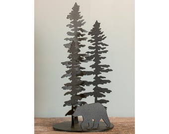 Sitka Trees With Bear Metal Wall Art, Geometric Metal Bear Sign, Black Metal Tree Wall Art, Wildlife Metal Yard Art, Farmhouse Wall Decor