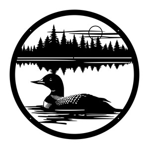 May include: Black and white metal wall art featuring a loon swimming on a lake, with a forest and moon in the background. The artwork is circular and has a minimalist design, suitable for home decor.