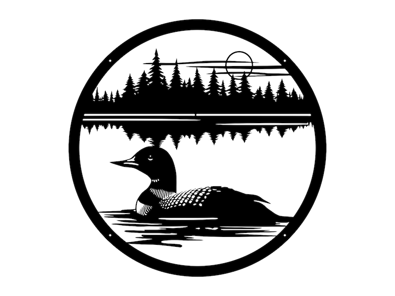 May include: Black and white metal wall art featuring a loon swimming on a lake, with a forest and moon in the background. The artwork is circular and has a minimalist design, suitable for home decor.