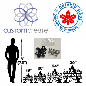 May include: Image features a variety of products, including black metal letter signs with the name "Amanda" in different sizes: 16", 20", 24", and 30" wide. Also shown are hardware components, a silhouette of a person, and the text "Customcreate" and "Ontario Made".
