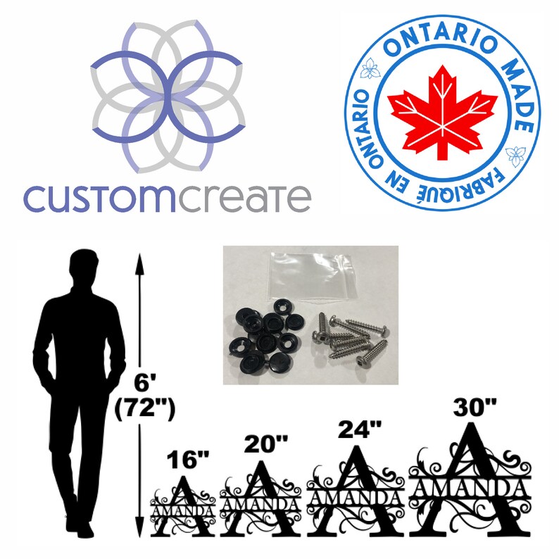May include: Image features a variety of products, including black metal letter signs with the name "Amanda" in different sizes: 16", 20", 24", and 30" wide. Also shown are hardware components, a silhouette of a person, and the text "Customcreate" and "Ontario Made".