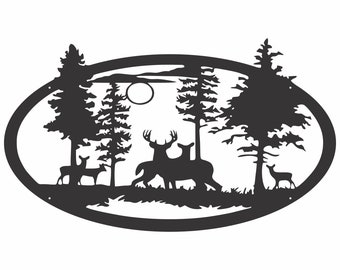 Deer Family with Wild Turkeys Metal Wall Art, Deer Metal Wall Art, Laser Cut Metal Sign Animal Wall Art, Turkey Decor Trees Wall Art