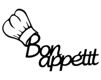 May include: Black and white illustration of a chef's hat with the text "Bon appétit" written underneath.