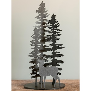 Sitka Trees with Deer Metal Wall Art, Evergreen Trees, Tree Silhouette, Animal Wall Art, Nature Wall Decor, Metal Sculpture, Spruce Tree