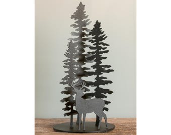 Sitka Trees with Deer Metal Wall Art, Evergreen Trees, Tree Silhouette, Animal Wall Art, Nature Wall Decor, Metal Sculpture, Spruce Tree