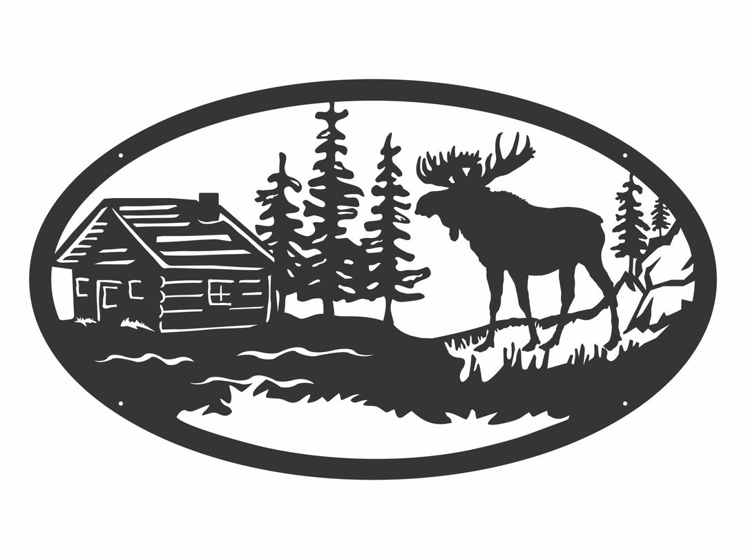 Moose With Cabin Metal Wall Art, Cabin Decor Moose Wall Art, Moose