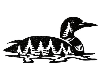 May include: Black and white silhouette of a loon with a forest inside its body. The loon is swimming in water.