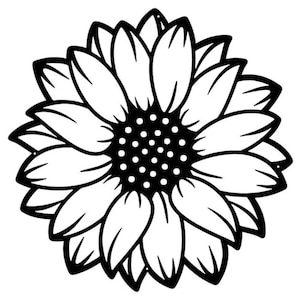 May include: Black and white line drawing of a sunflower with a dotted center.
