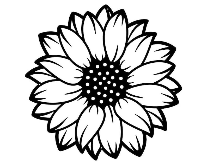 May include: Black and white line drawing of a sunflower with a dotted center.