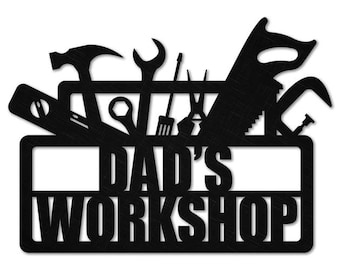Dad's Workshop Sign, Personalized Metal Garage Sign Custom Name Garage Location Metal Wall Art, Handyman Carpenter, Dad's Gift for Mechanic