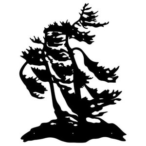 May include: Black and white silhouette of a tree with branches blowing in the wind.