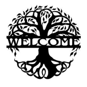 May include: Black metal silhouette of a tree of life with intricate branches and roots. The word "WELCOME" is displayed across the center of the tree.