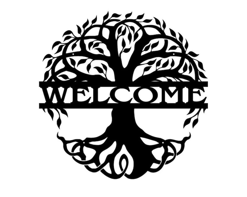 May include: Black metal silhouette of a tree of life with intricate branches and roots. The word "WELCOME" is displayed across the center of the tree.